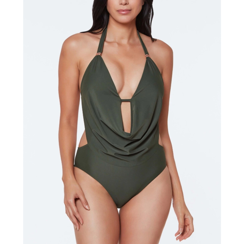 Bar III Womens RAINFOREST GREEN Solid Cowlneck One-Piece Swimsuit Size M 15663